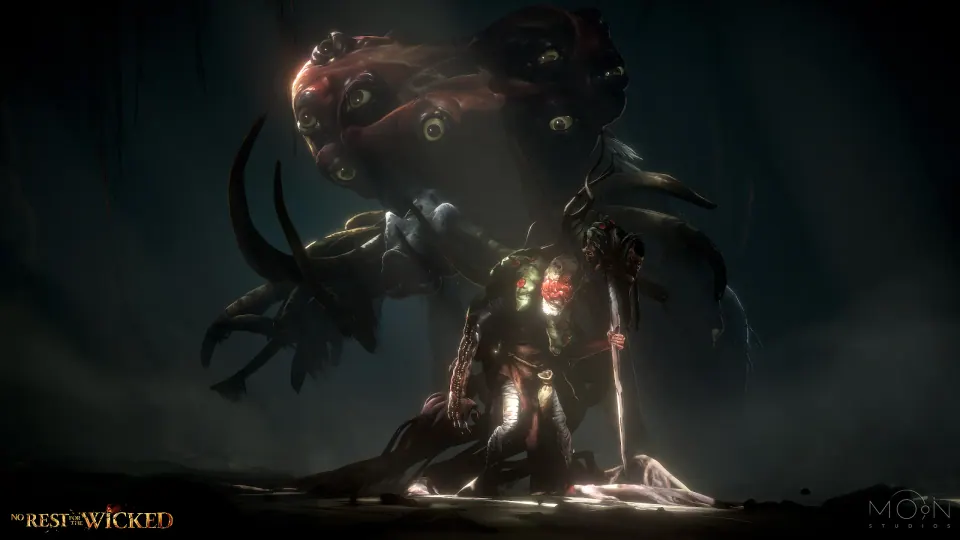 No Rest for the Wicked character facing a large creature
