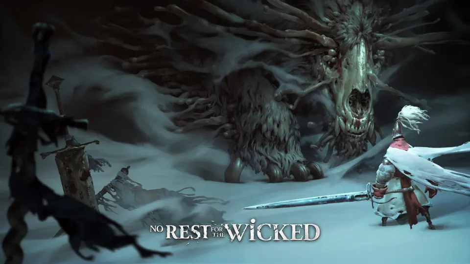 No Rest for the Wicked warrior holding a sword before a creature