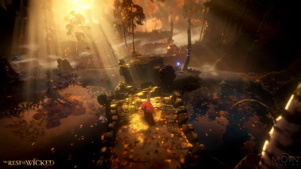 No Rest for the Wicked character exploring a sunlit forest ruin