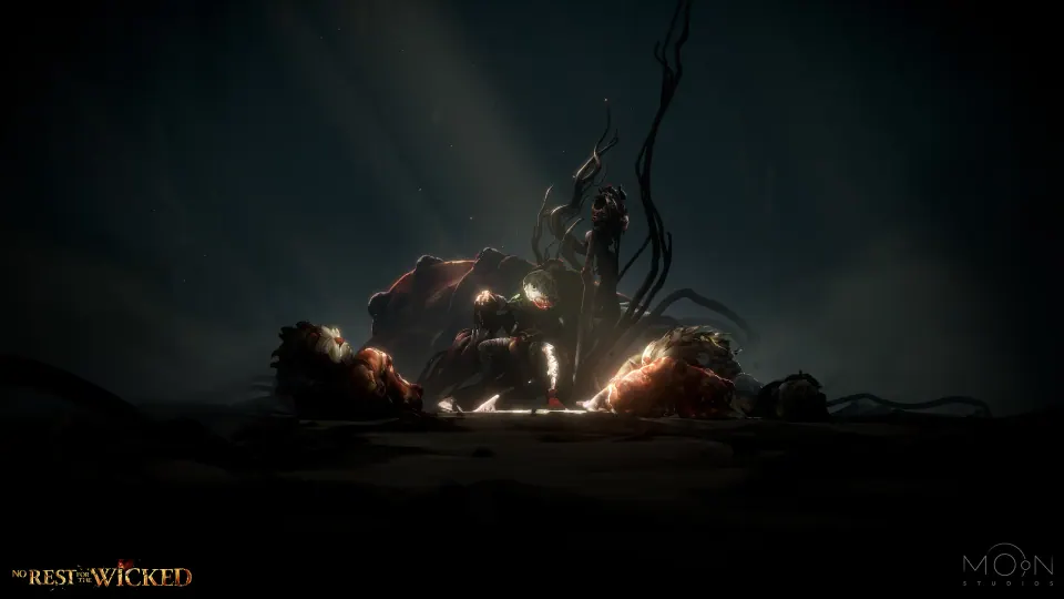 No Rest for the Wicked character recovering during a dark combat scene